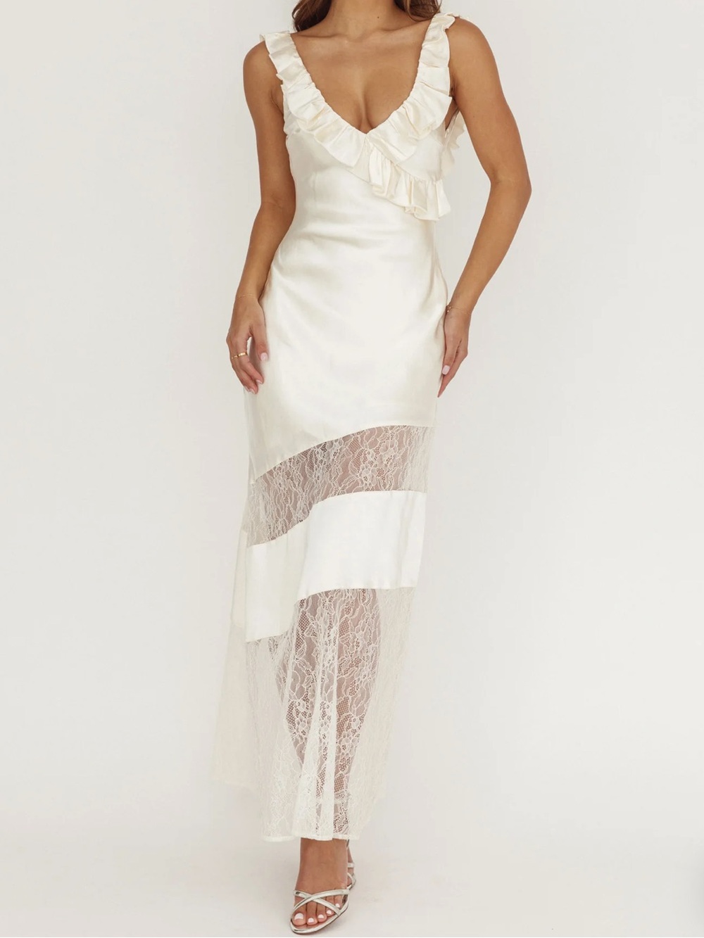 Selfie Leslie Saints & Secrets Alba Frill & Lace Trim Maxi Dress Oyster